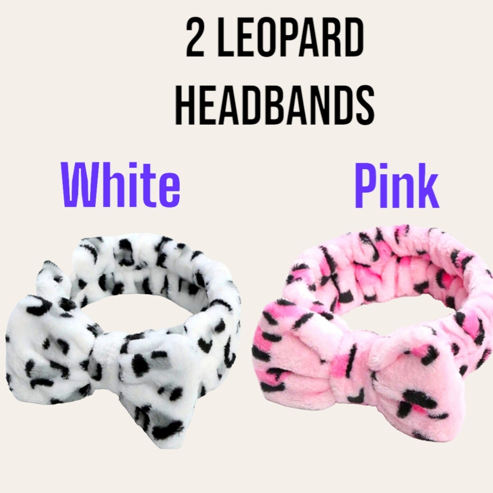 - White & Pink Leopard Soft & Fluffy Hair Headbands With Bow